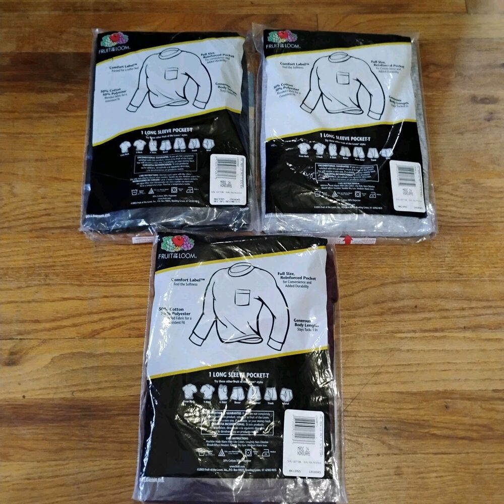 Lot of 3 Vintage Fruit of the Loom 2003 Long Sleeve Pocket T-Shirts Large NOS - Picture 2 of 11